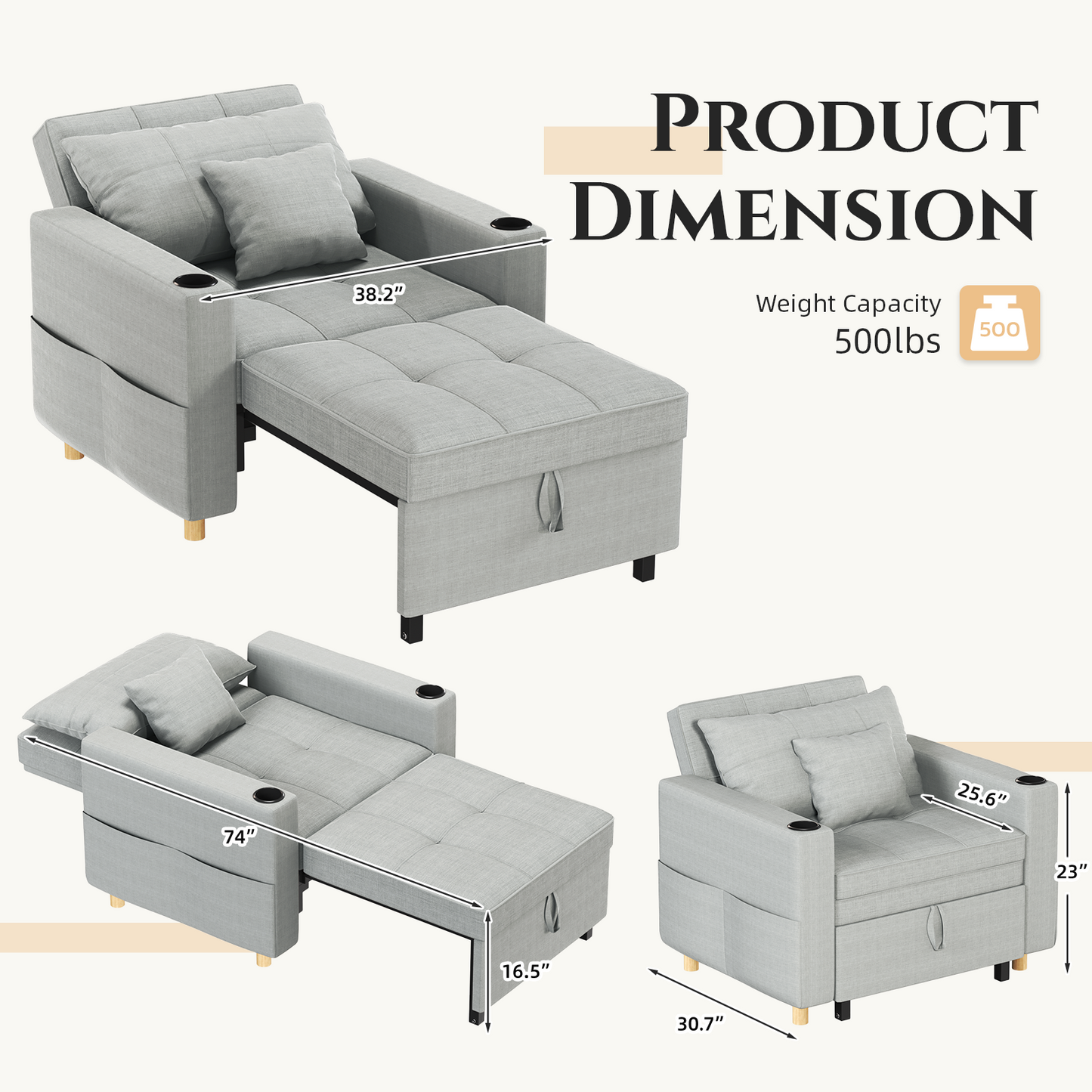 Sleeper Chair, Convertible Chair Bed for Adults, 3-in-1 Pull Out Sofa Chair