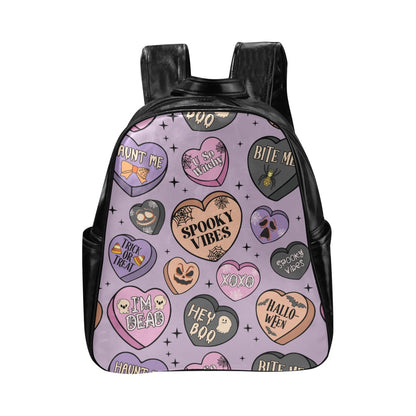 Faux Leather Backpack - Purple Spooky Design -  Multi-Pockets