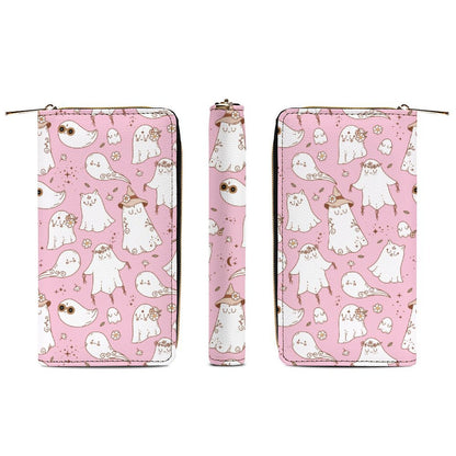 Leather Wallet - Zipped - Pastel Pink Spooky Ghost Print