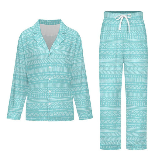 Long Pajama Set - Blue Aztec Pattern