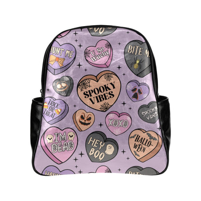 Faux Leather Backpack - Purple Spooky Design -  Multi-Pockets