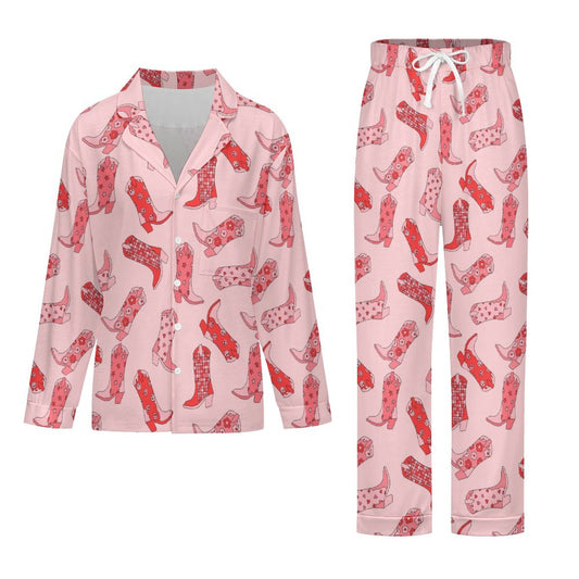 Long Pajama Set - Pink & Red Cowgirl Boots