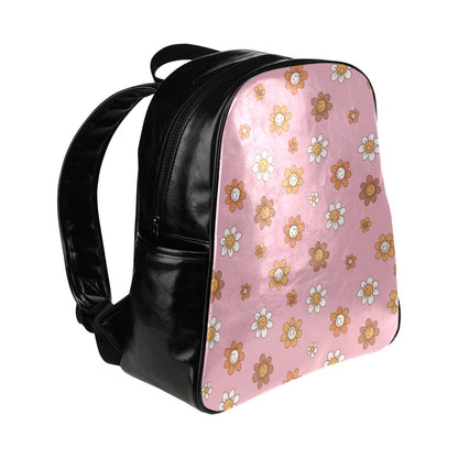 Faux Leather Backpack - Pastel Pink Happy Flower Design Multi-Pockets