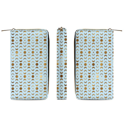 Leather Wallet Zipped - Pastel Blue With Gold Moons