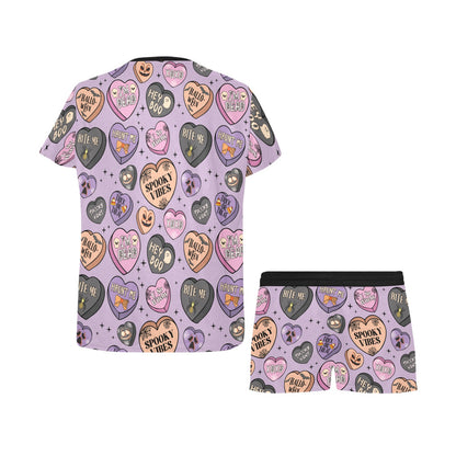 Short Pajama Set - Pastel Purple Halloween Candy Hearts