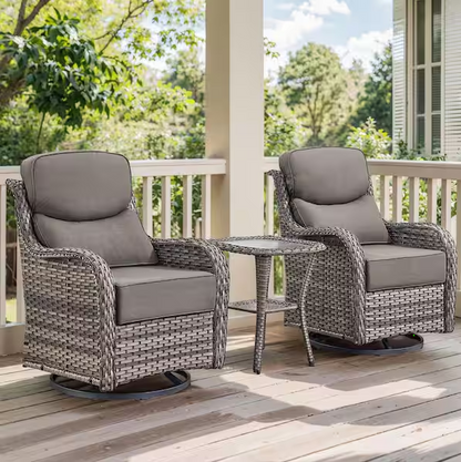 Brown Swivel Glider Wicker Patio Conversation Set with Beige Olefin
