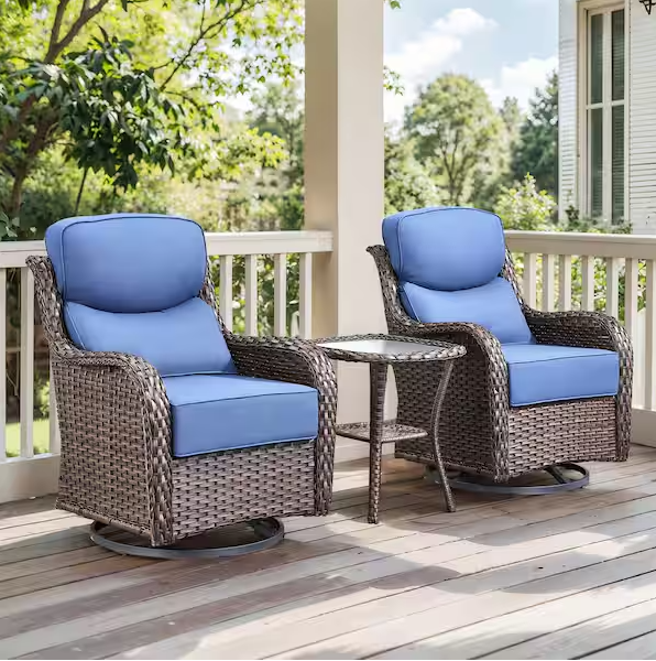 Brown Swivel Glider Wicker Patio Conversation Set with Beige Olefin