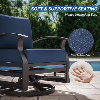 3-Piece Aluminum Swivel Outdoor Rocking Chairs Patio Conversation Set with Navy Cushions and Table, Garden, Backyard