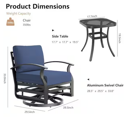 3-Piece Aluminum Swivel Outdoor Rocking Chairs Patio Conversation Set with Navy Cushions and Table, Garden, Backyard