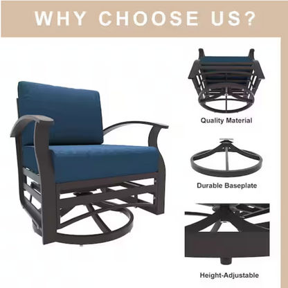 3-Piece Aluminum Swivel Outdoor Rocking Chairs Patio Conversation Set with Navy Cushions and Table, Garden, Backyard
