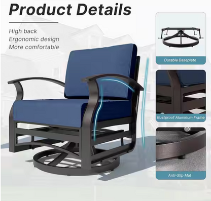 3-Piece Aluminum Swivel Outdoor Rocking Chairs Patio Conversation Set with Navy Cushions and Table, Garden, Backyard