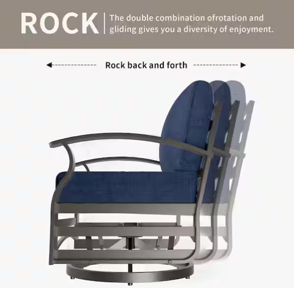3-Piece Aluminum Swivel Outdoor Rocking Chairs Patio Conversation Set with Navy Cushions and Table, Garden, Backyard