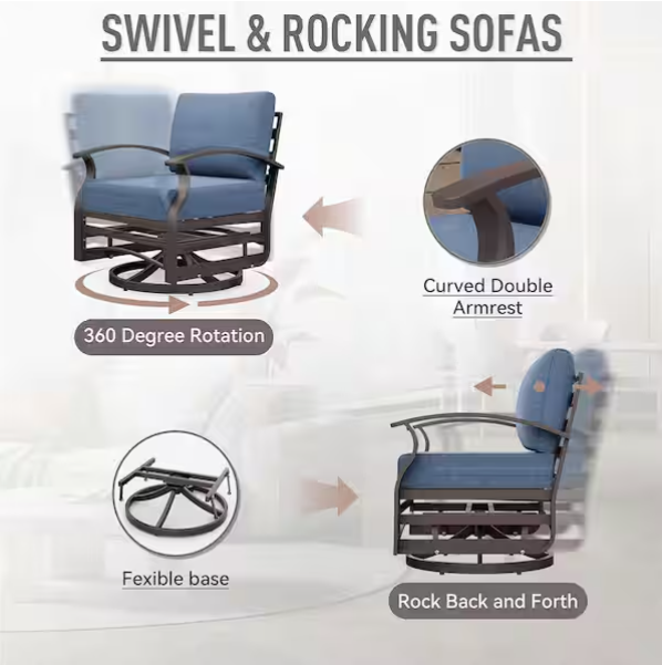3-Piece Aluminum Swivel Outdoor Rocking Chairs Patio Conversation Set with Navy Cushions and Table, Garden, Backyard