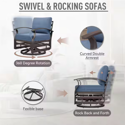 3-Piece Aluminum Swivel Outdoor Rocking Chairs Patio Conversation Set with Navy Cushions and Table, Garden, Backyard