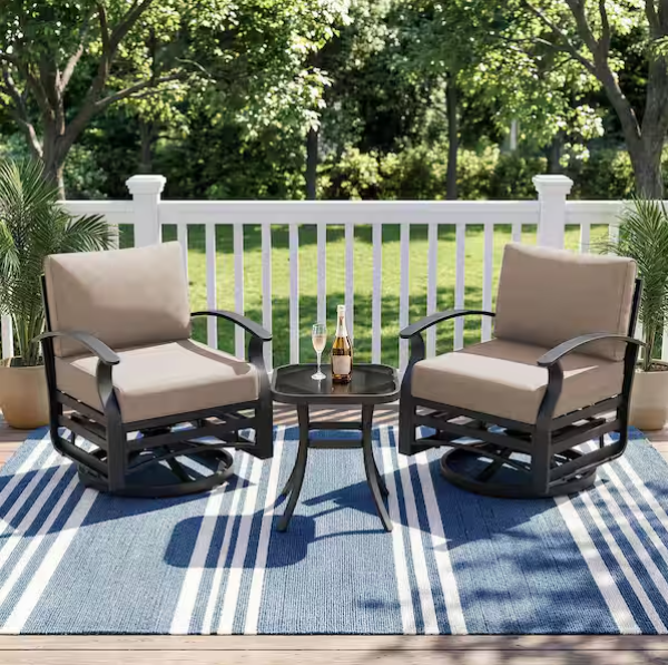 3-Piece Aluminum Swivel Outdoor Rocking Chairs Patio Conversation Set with Navy Cushions and Table, Garden, Backyard