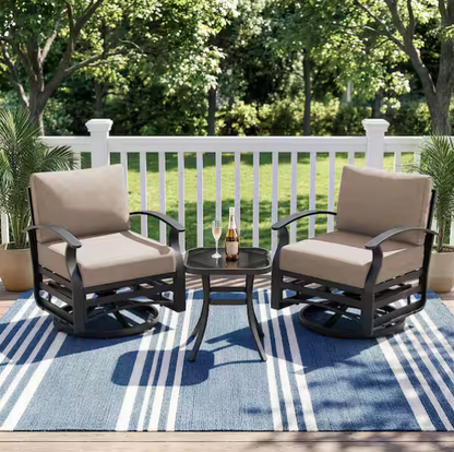 3-Piece Aluminum Swivel Outdoor Rocking Chairs Patio Conversation Set with Navy Cushions and Table, Garden, Backyard