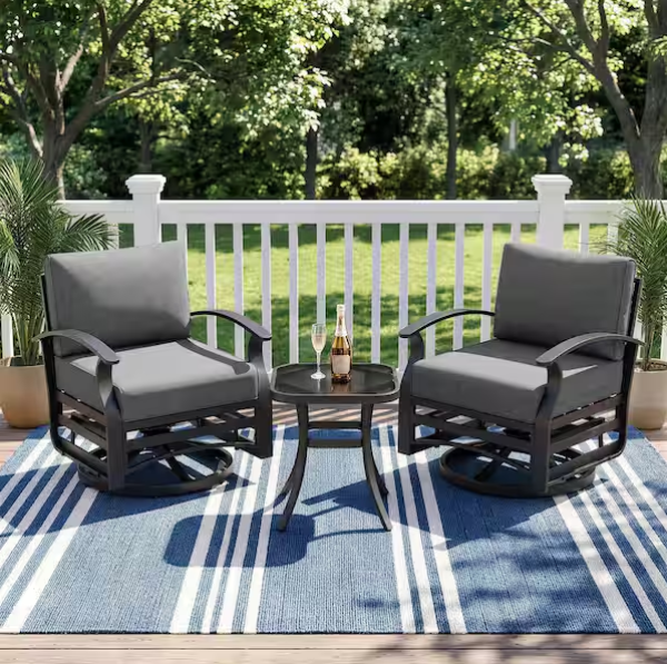 3-Piece Aluminum Swivel Outdoor Rocking Chairs Patio Conversation Set with Navy Cushions and Table, Garden, Backyard