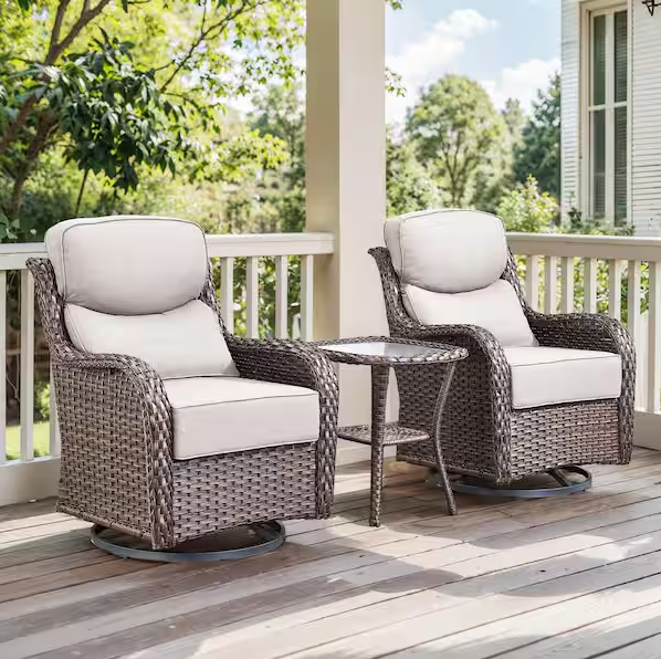 Brown Swivel Glider Wicker Patio Conversation Set with Beige Olefin