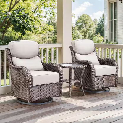 Brown Swivel Glider Wicker Patio Conversation Set with Beige Olefin