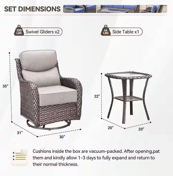 Brown Swivel Glider Wicker Patio Conversation Set with Beige Olefin
