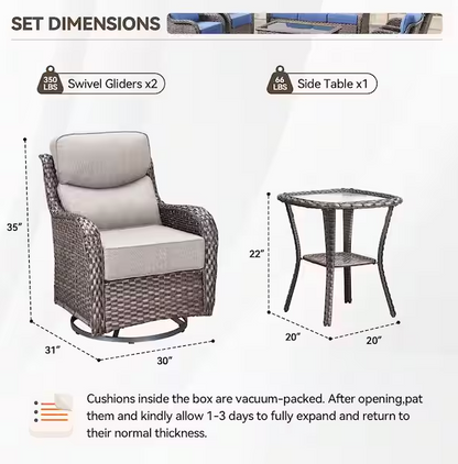 Brown Swivel Glider Wicker Patio Conversation Set with Beige Olefin