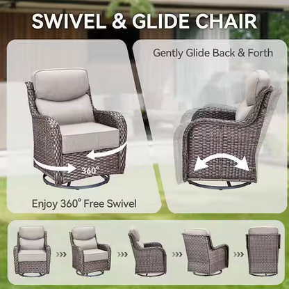 Brown Swivel Glider Wicker Patio Conversation Set with Beige Olefin