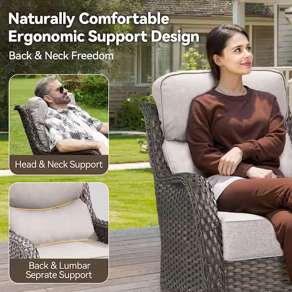 Brown Swivel Glider Wicker Patio Conversation Set with Beige Olefin