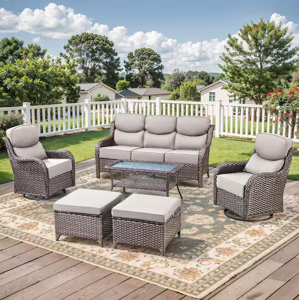 Brown Swivel Glider Wicker Patio Conversation Set with Beige Olefin