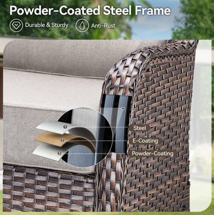 Brown Swivel Glider Wicker Patio Conversation Set with Beige Olefin