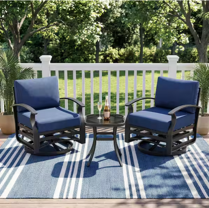 3-Piece Aluminum Swivel Outdoor Rocking Chairs Patio Conversation Set with Navy Cushions and Table, Garden, Backyard