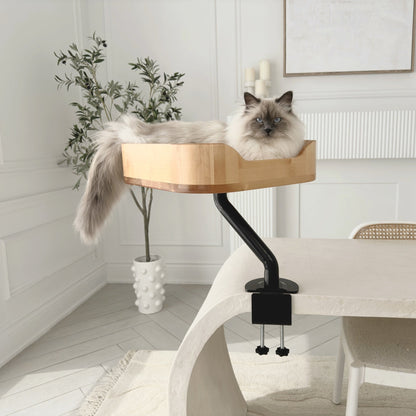 ERGO PURRCH desk-mounted cat bed with cat lounging over the edge