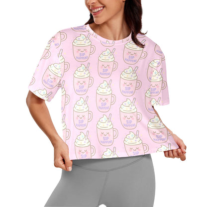 Crop Tee - Sip Happens - Pastel Pink