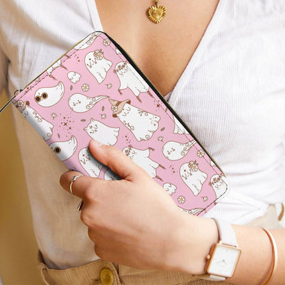 Leather Wallet - Zipped - Pastel Pink Spooky Ghost Print