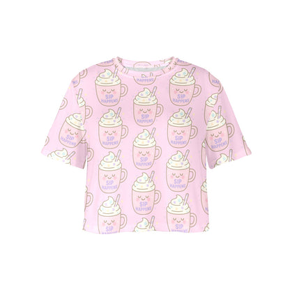 Crop Tee - Sip Happens - Pastel Pink