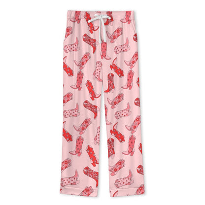 Long Pajama Set - Pink & Red Cowgirl Boots