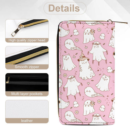 Leather Wallet - Zipped - Pastel Pink Spooky Ghost Print