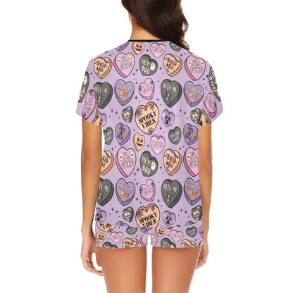 Short Pajama Set - Pastel Purple Halloween Candy Hearts