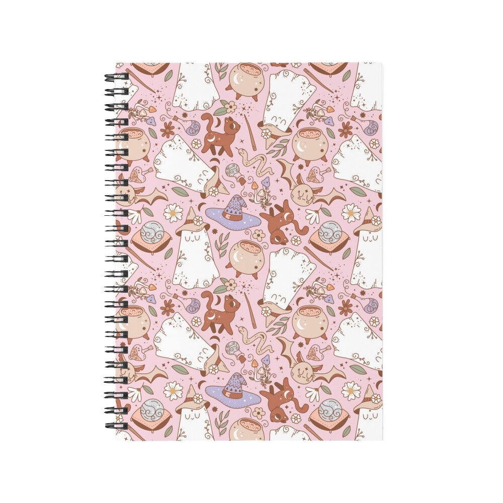 Spiral Notebook - Light Pink Witch Ghost Pattern