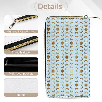 Leather Wallet Zipped - Pastel Blue With Gold Moons