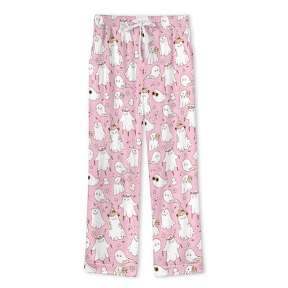 Women's Long Pajama Set - Pastel Pink Spooky Ghost