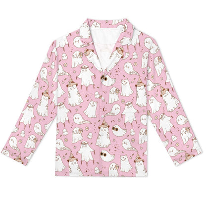 Women's Long Pajama Set - Pastel Pink Spooky Ghost