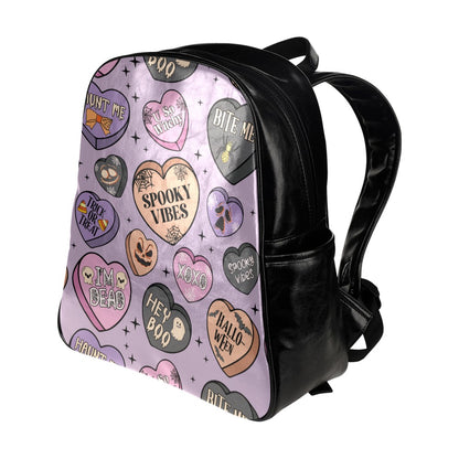 Faux Leather Backpack - Purple Spooky Design -  Multi-Pockets