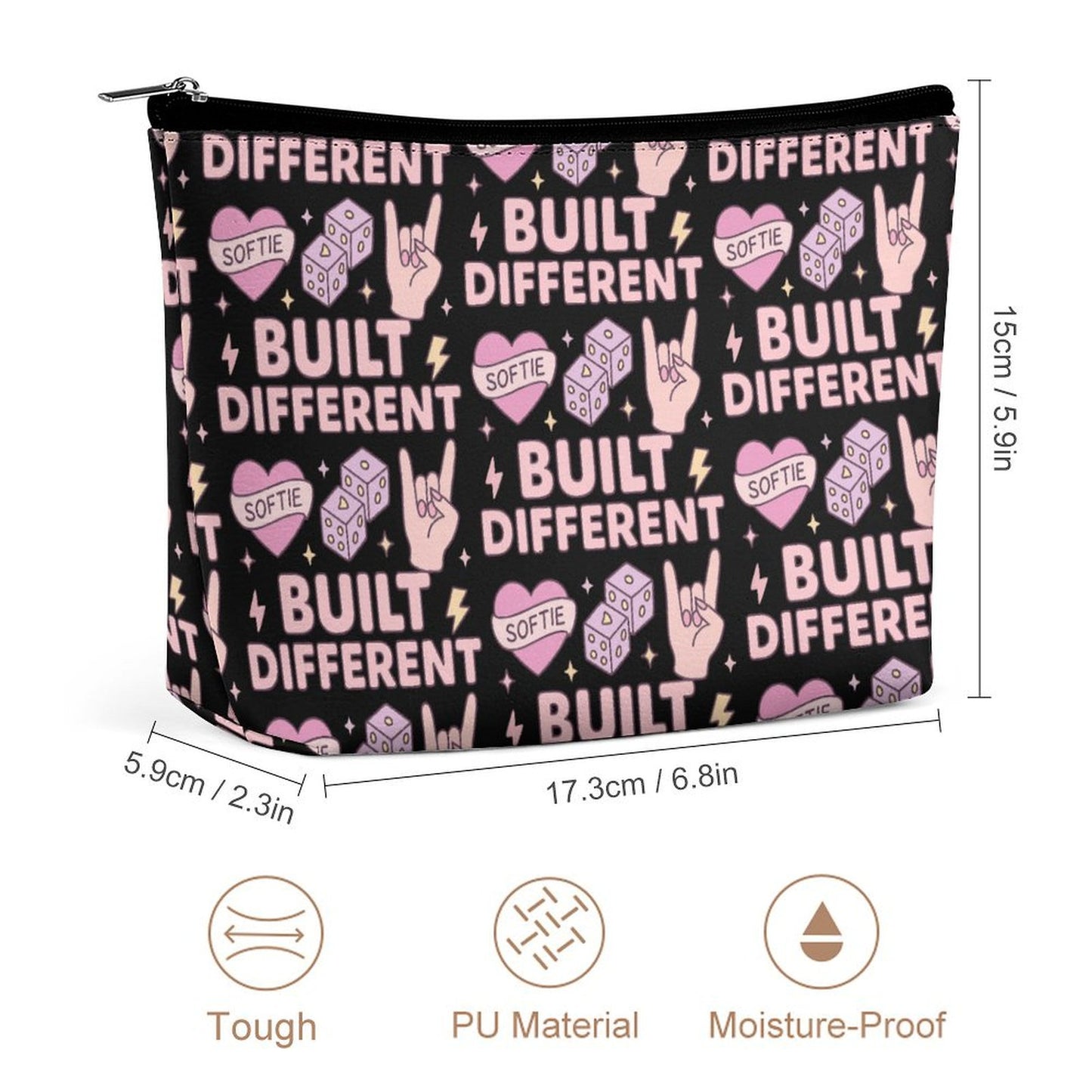 Cosmetic Bag - Black - Built Different Pattern