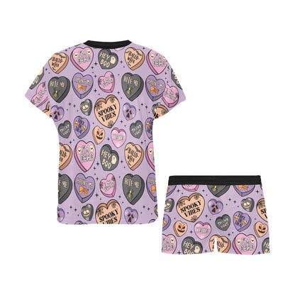 Short Pajama Set - Pastel Purple Halloween Candy Hearts