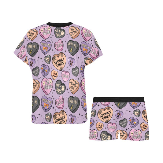 Short Pajama Set - Pastel Purple Halloween Candy Hearts