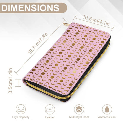 Leather Wallet Zipped - Pastel Pink with Gold Moons