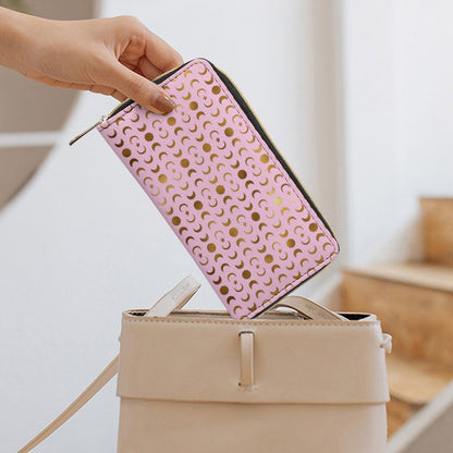 Leather Wallet Zipped - Pastel Pink with Gold Moons