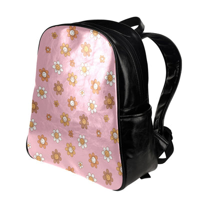Faux Leather Backpack - Pastel Pink Happy Flower Design Multi-Pockets