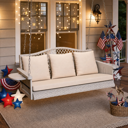 3-Person Brown Wicker Porch Swing with Khaki Cushions, Woven-Rattan Back