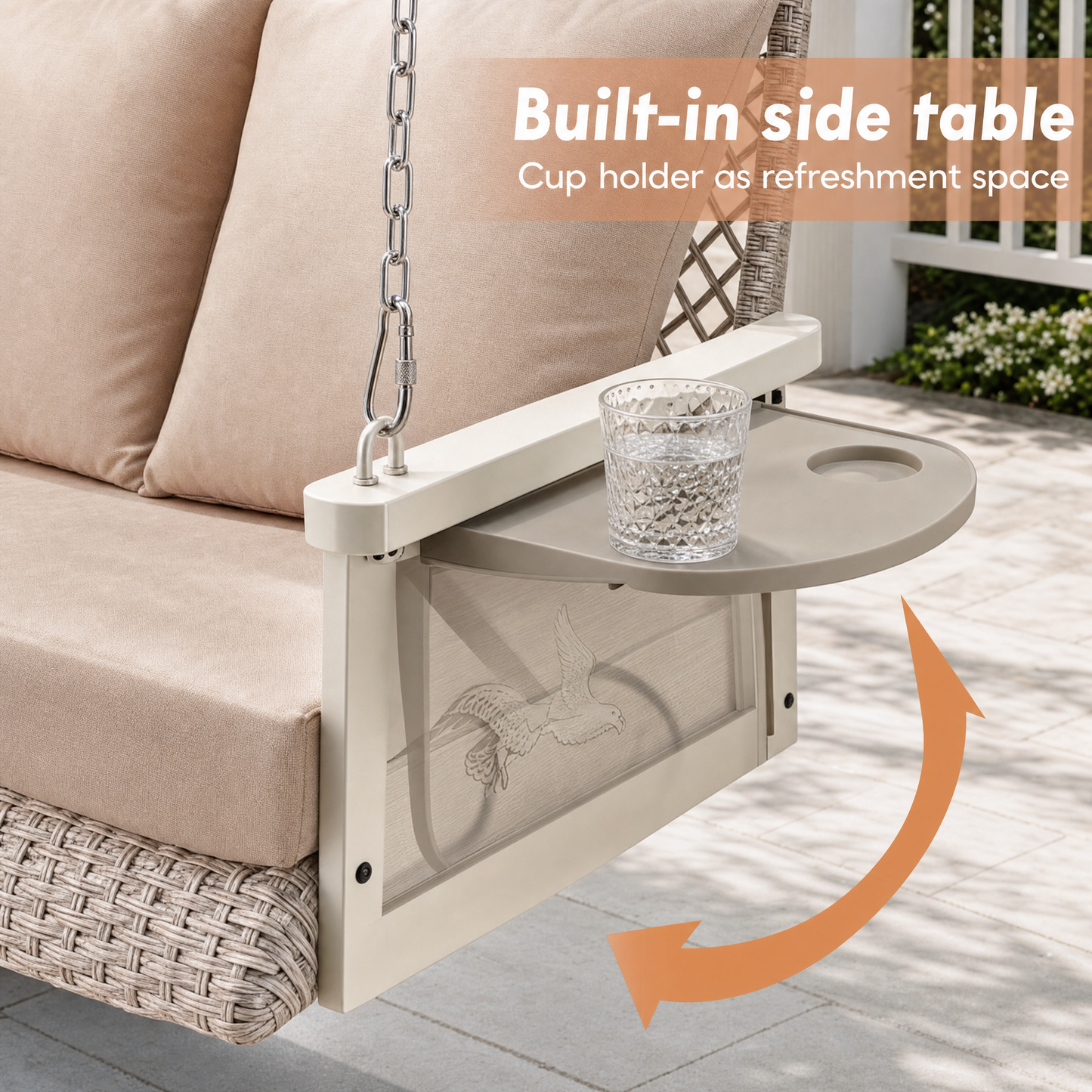 3-Person Brown Wicker Porch Swing with Khaki Cushions, Woven-Rattan Back